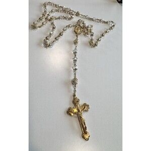 Vintage Creed 14k GF 3D crucifix/Cross Rosary GLASS BEAD Necklace